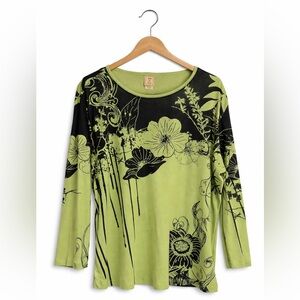 Jess & Jane Lime Green Black Floral Art Top XL 3/4” Sleeve Canon Flower Sequins